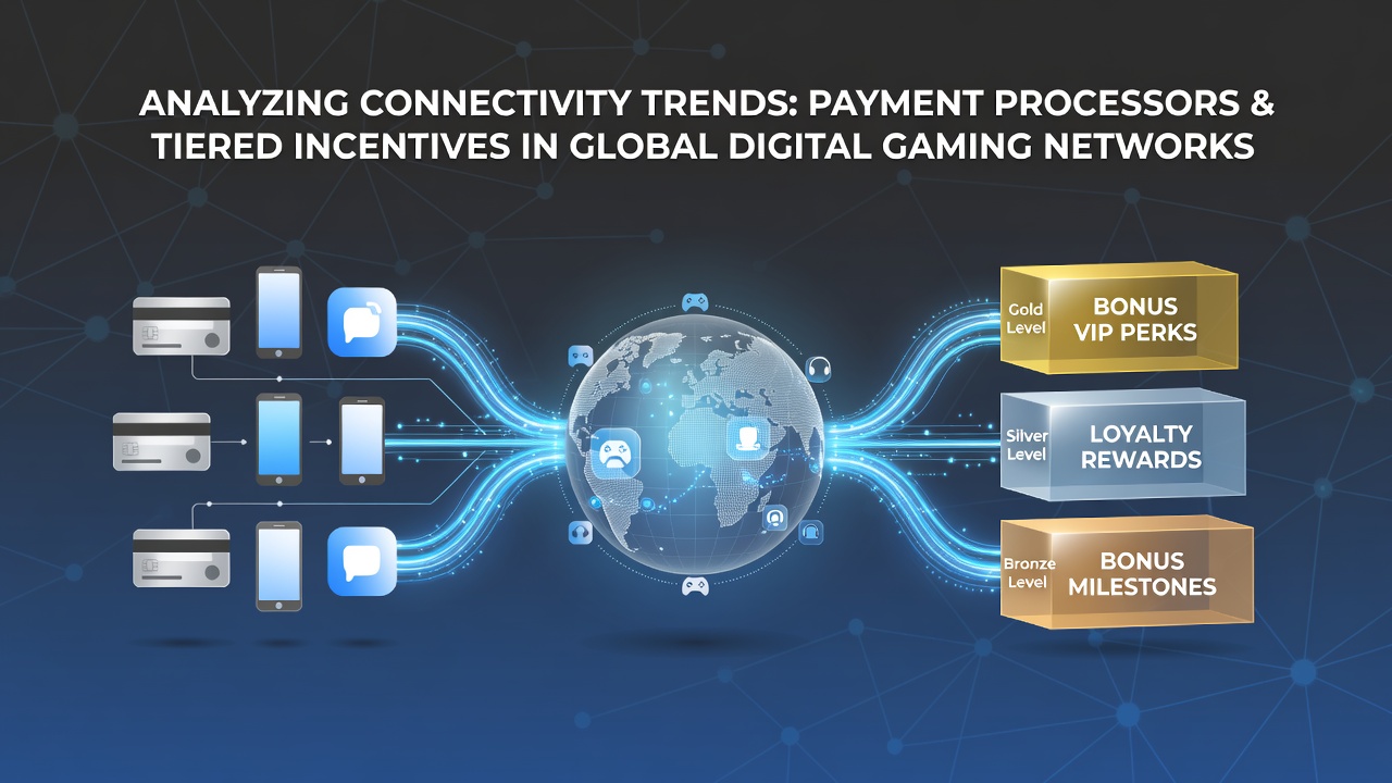 Network diagram showing payment processor connections to tiered gaming reward systems across global digital platforms