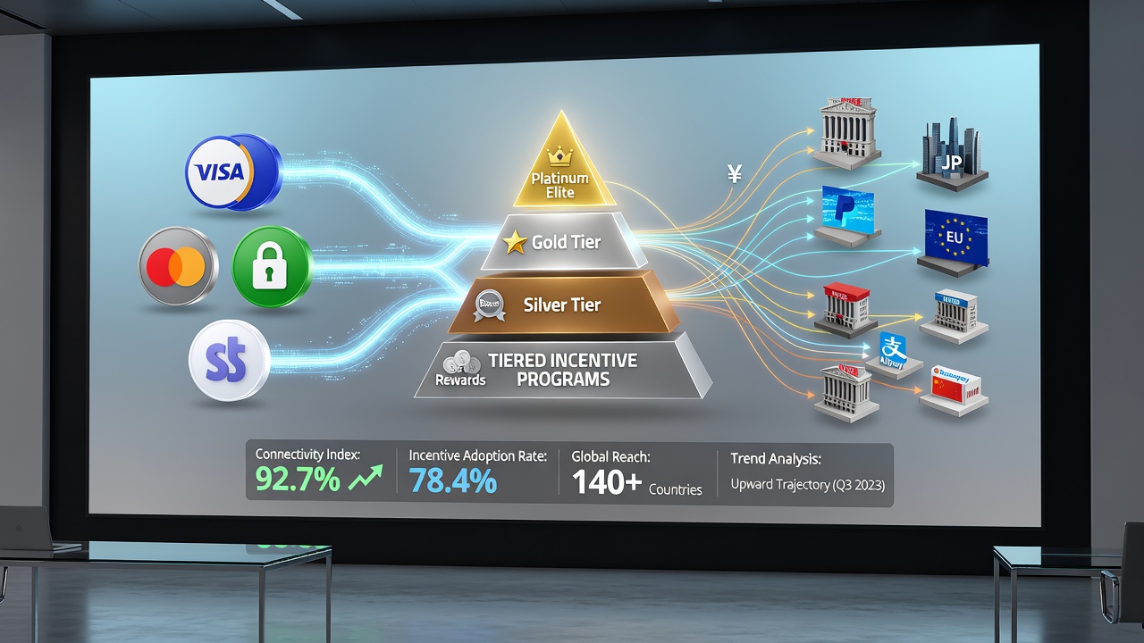 Infographic illustrating data flow from payment processors into tiered incentive programs within digital gaming networks