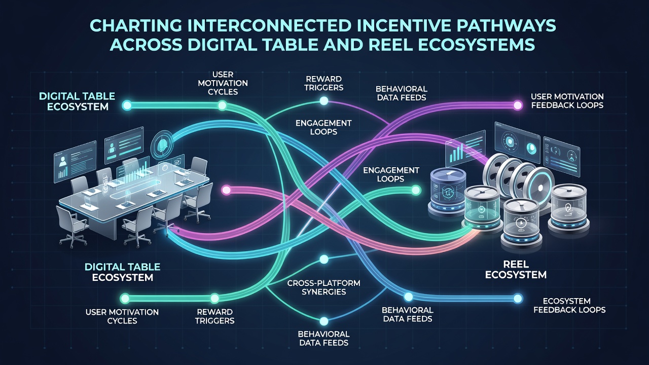 Network diagram illustrating data connections and reward flows between digital slots and table game platforms