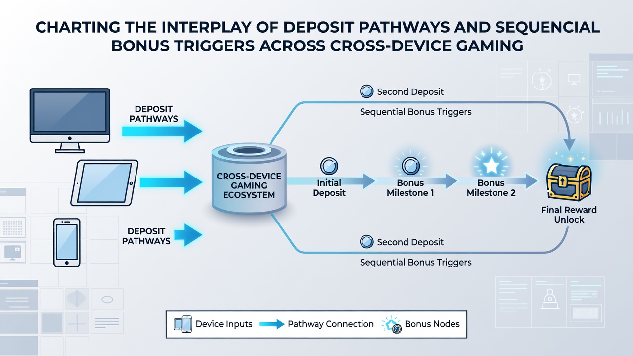 Flowchart showing sequential bonus stages triggered by various deposit methods across synchronized gaming devices