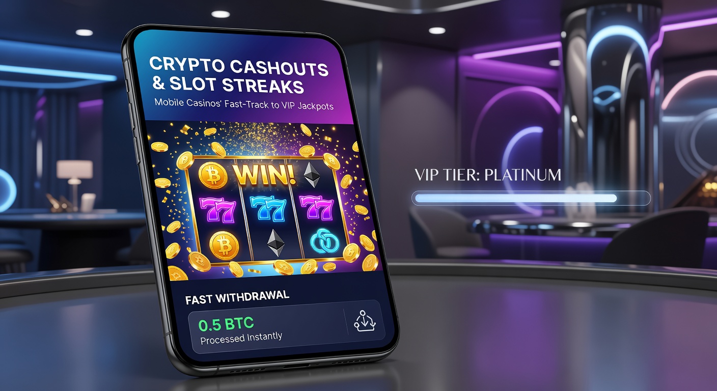 VIP lounge interface on a mobile casino app showcasing jackpot tiers, crypto wallet, and a glowing slot streak meter