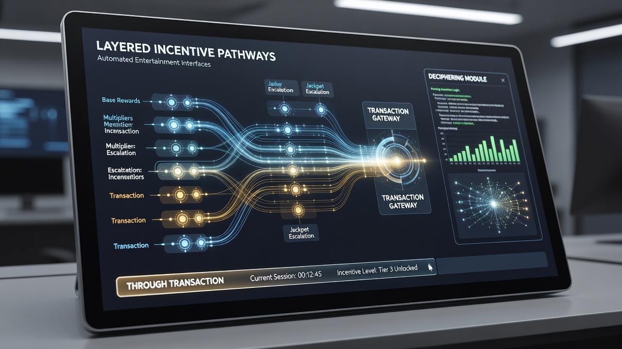Visualization of sequential transaction patterns leading to tiered rewards in digital entertainment interfaces