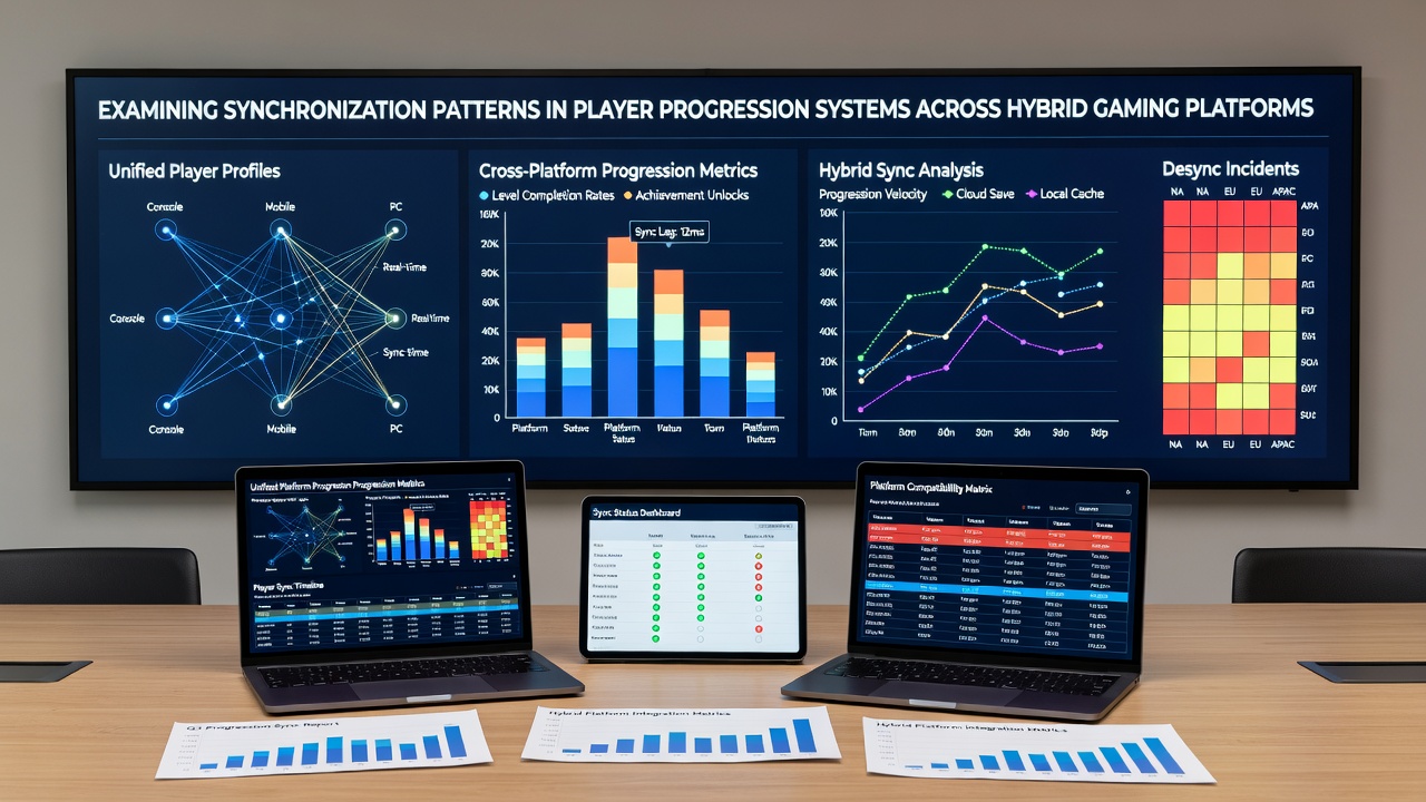 Illustration of data synchronization flow across hybrid gaming devices with progress bars and cloud server connections