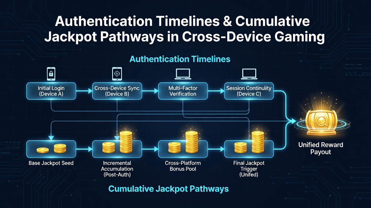 Data visualization of authentication timelines impacting jackpot accumulation across multiple devices