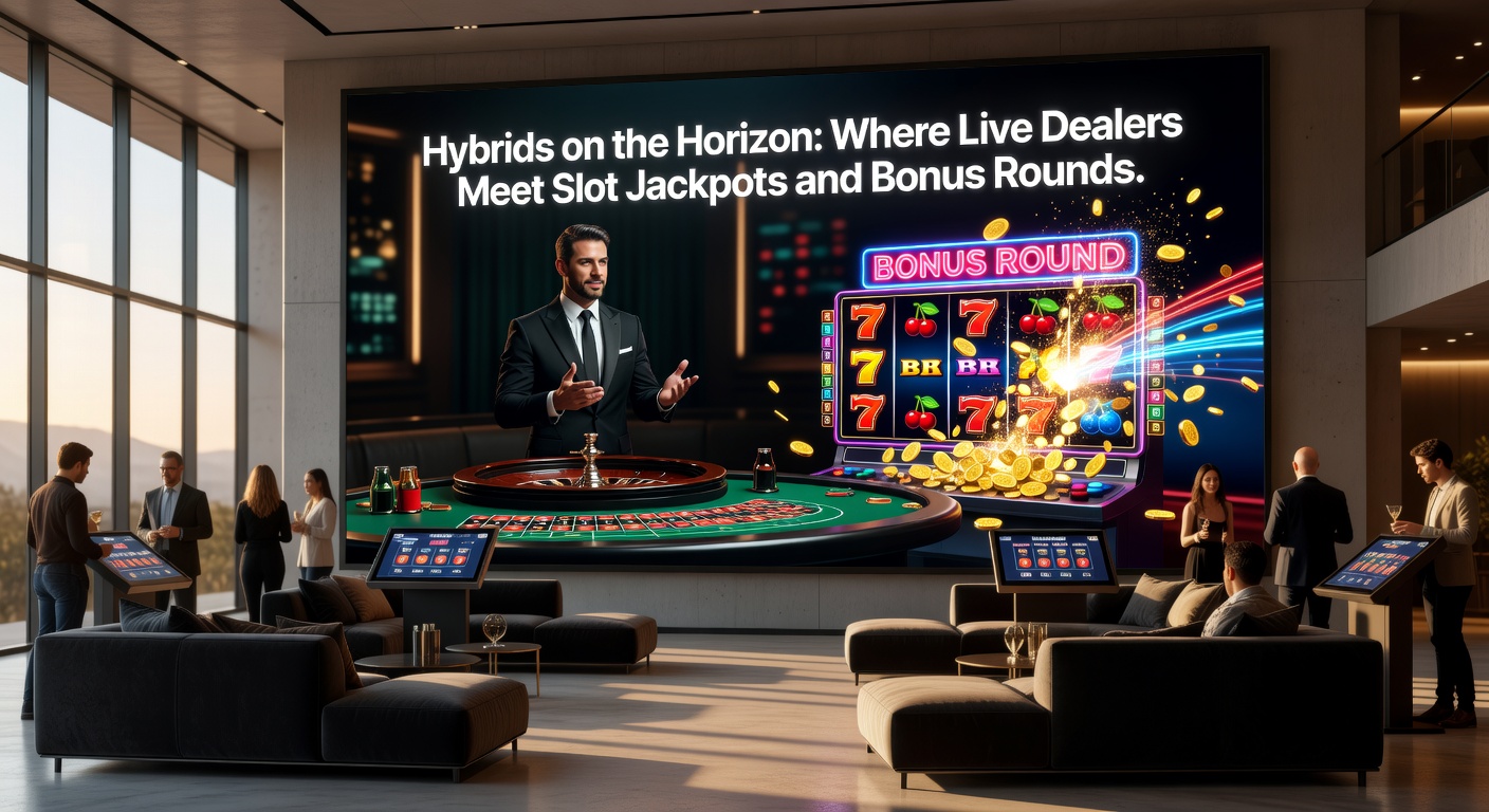 Live dealer at a hybrid slot table, gesturing toward glowing jackpot symbols and bonus wheel segments