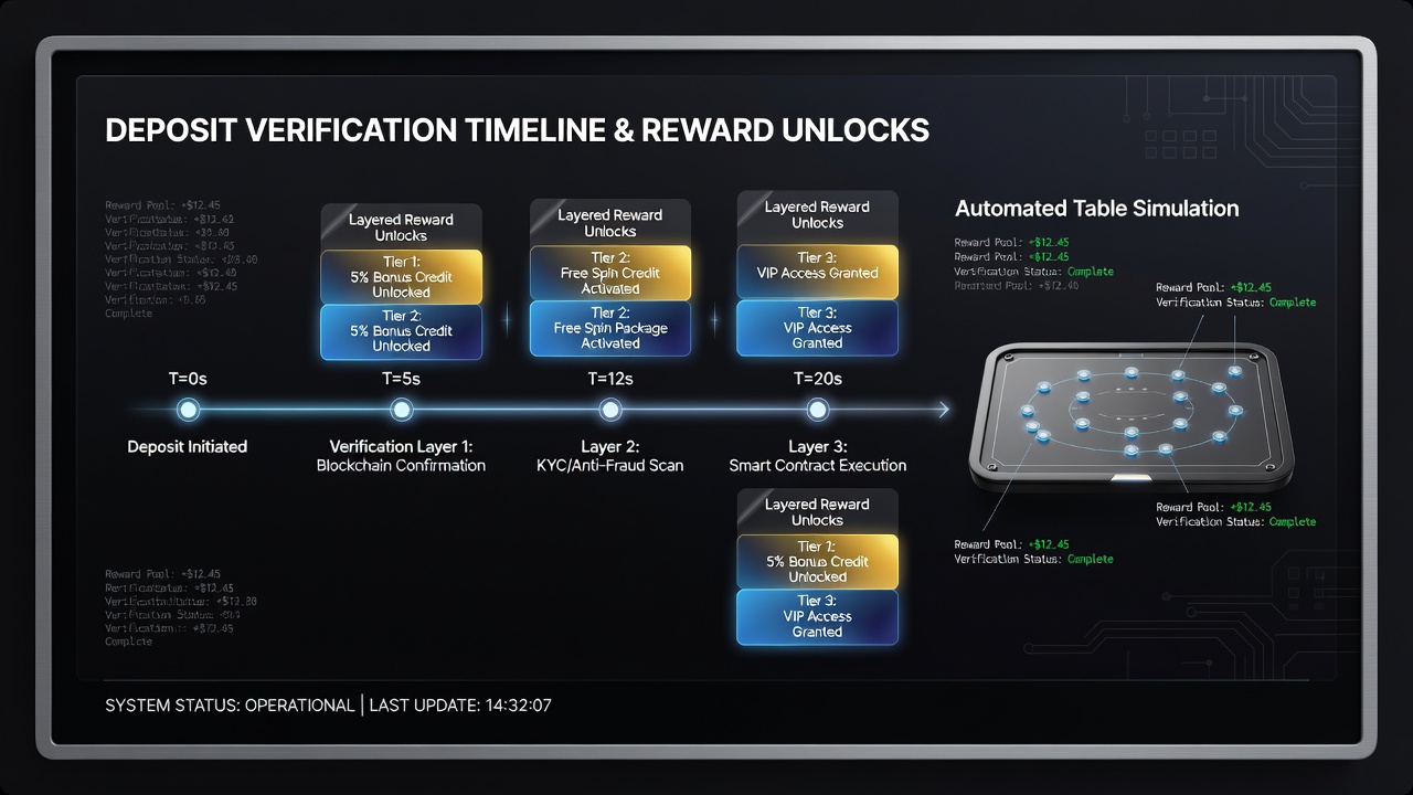 Flowchart diagram illustrating deposit timeline stages linked to reward unlocks in table game simulations