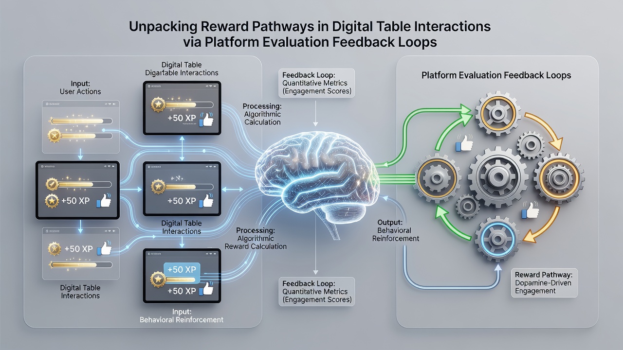 Close-up of platform dashboard displaying reward pathway analytics, feedback loop visualizations, and table interaction heatmaps